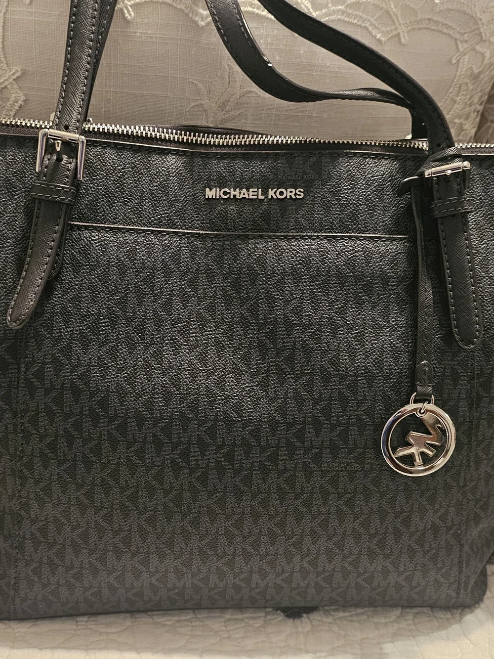 Michael Kors Black MK Monogram Tote with Silver Hardware